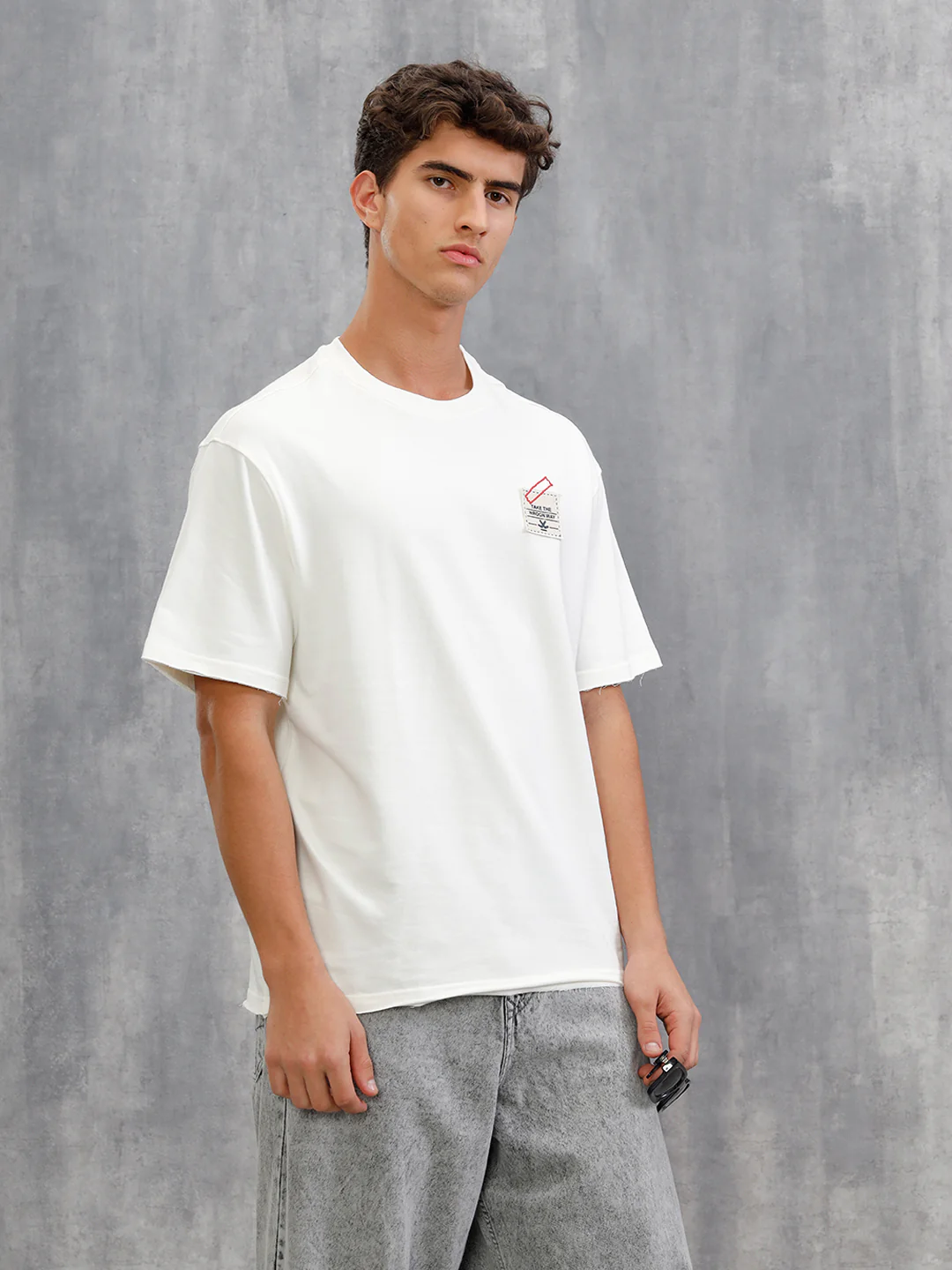 Solid Oversized T-Shirt With Printed Canvas Patch And Raw Edge Detail  | Off White - Image 6
