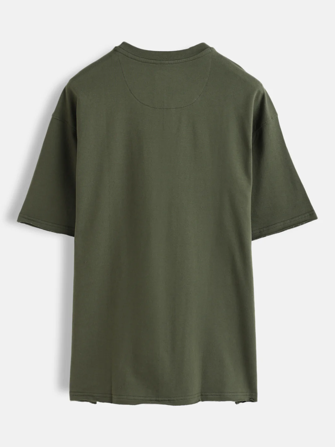 Solid Oversized T-Shirt With Printed Canvas Patch And Raw Edge Detail | Olive - Image 2