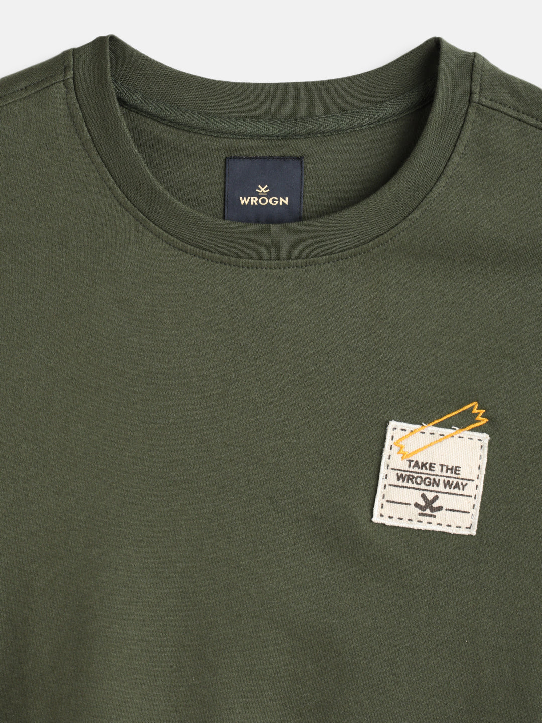 Solid Oversized T-Shirt With Printed Canvas Patch And Raw Edge Detail | Olive - Image 3
