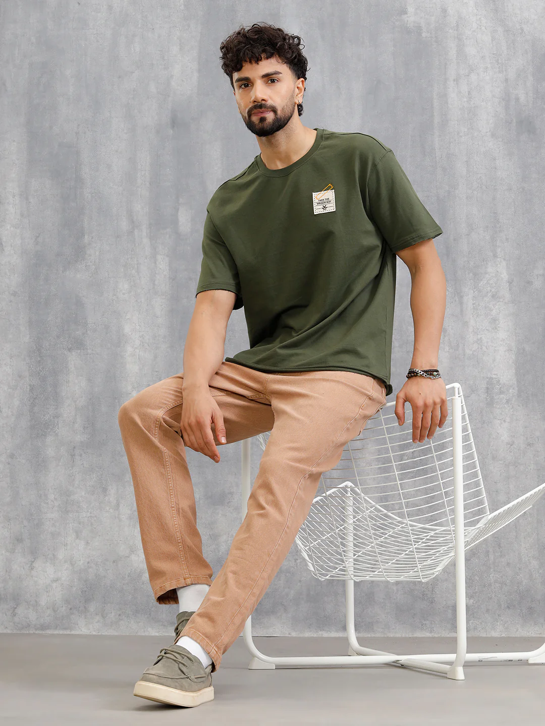 Solid Oversized T-Shirt With Printed Canvas Patch And Raw Edge Detail | Olive - Image 5