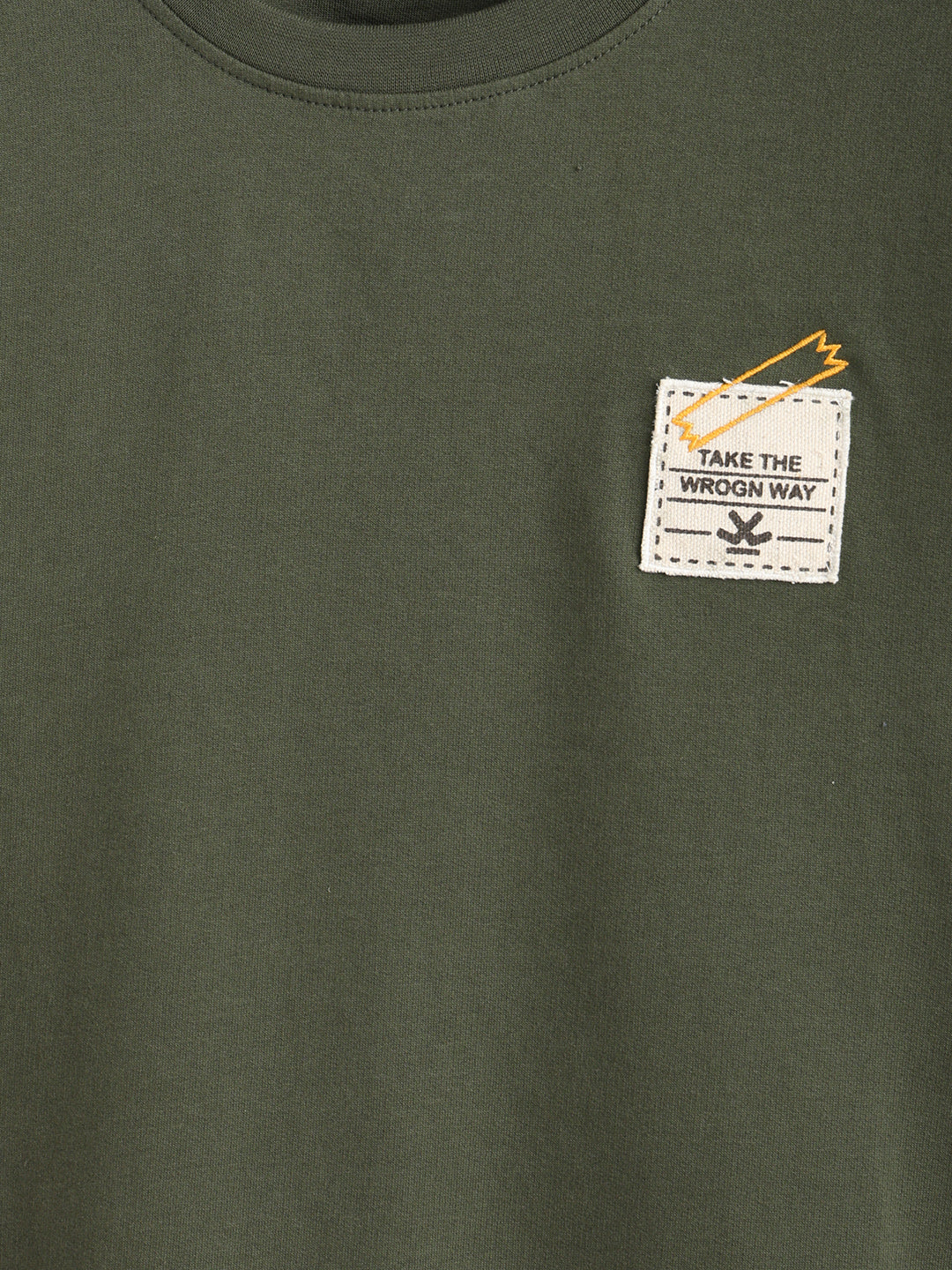 Solid Oversized T-Shirt With Printed Canvas Patch And Raw Edge Detail | Olive - Image 9