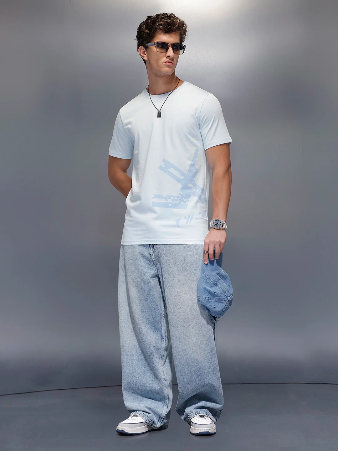 Solid Placement Printed T-Shirt   |  Light Blue - Image 2