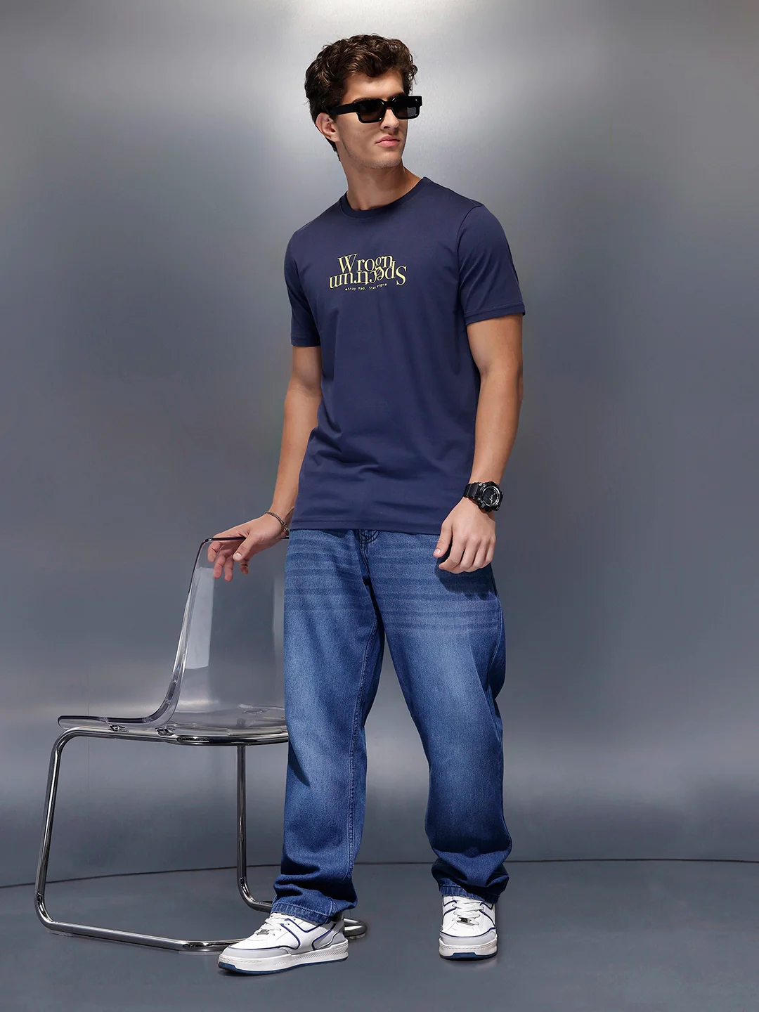 Solid Placement Printed T-Shirt   |  Navy Blue - Image 2