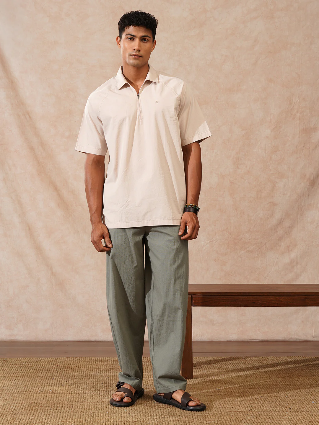 Solid Polo Collar Shirt | Beige - Image 2