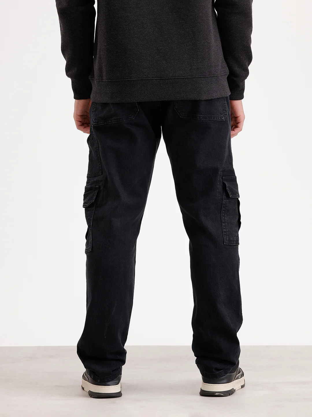 Solid Relaxed Fit Denim Cargo  | Black - Image 3