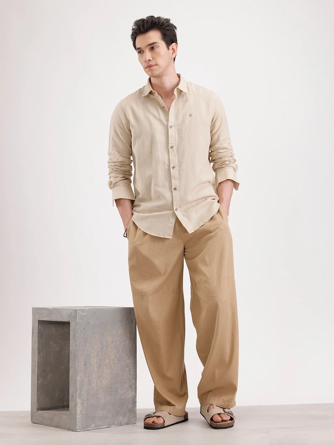 Solid Slim Fit Linen Blend Shirt  | Khaki - Image 2