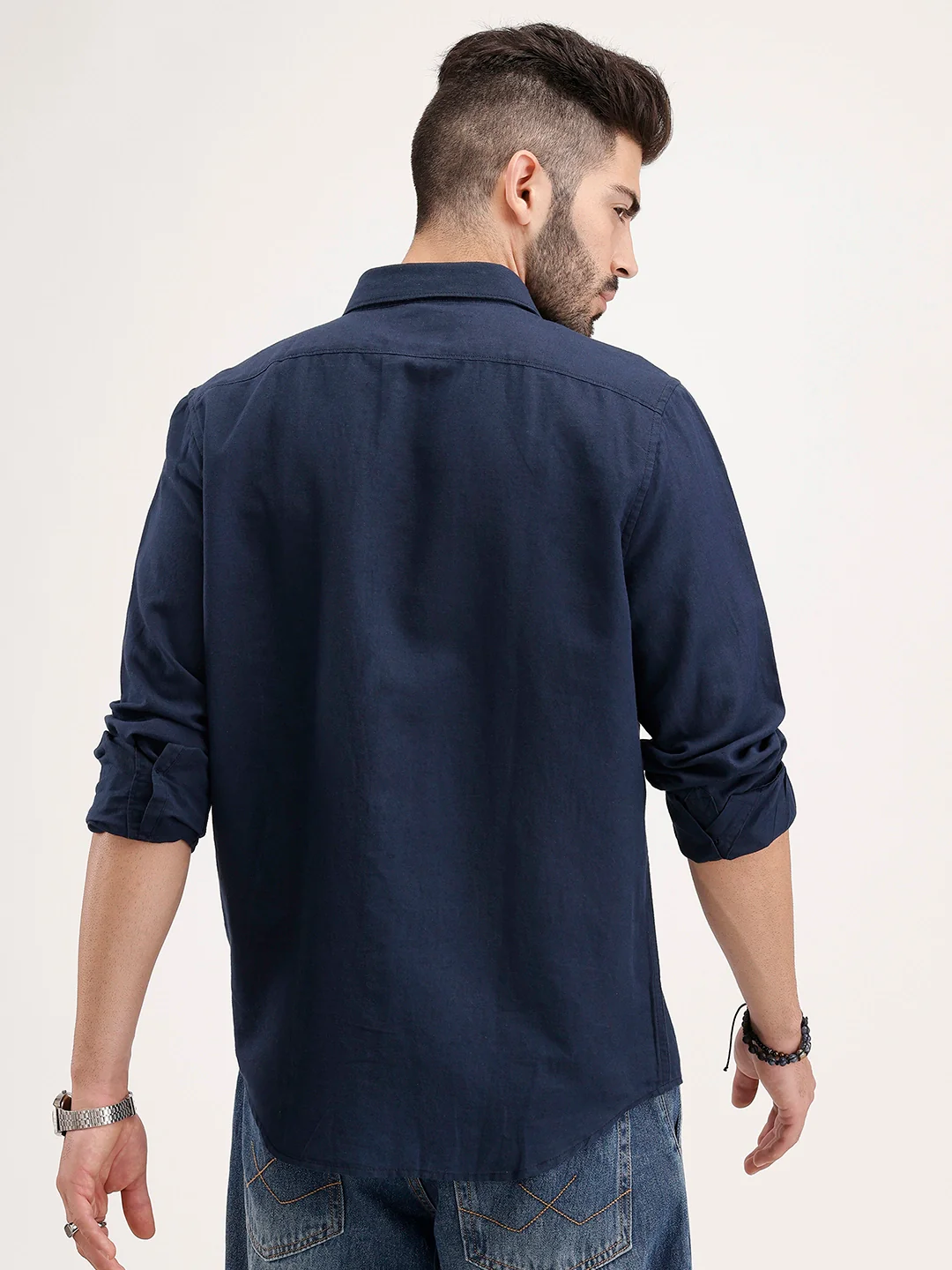 Solid Slim Fit Linen Blend Shirt  | Navy Blue - Image 3
