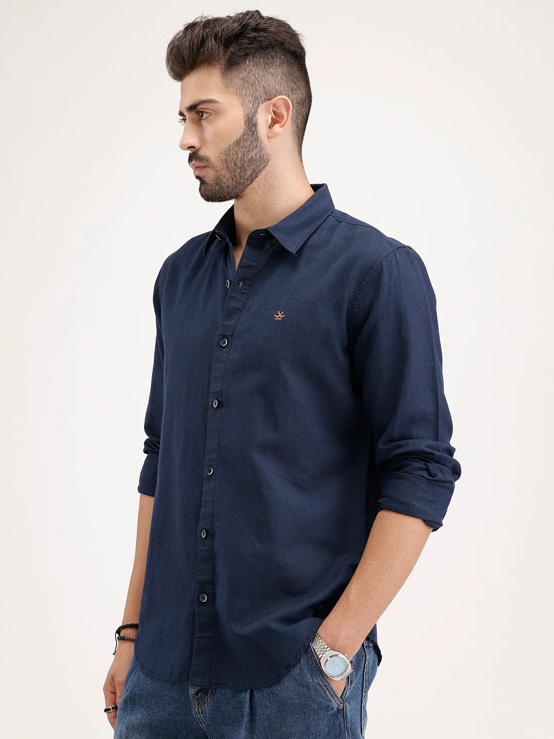 Solid Slim Fit Linen Blend Shirt  | Navy Blue - Image 4