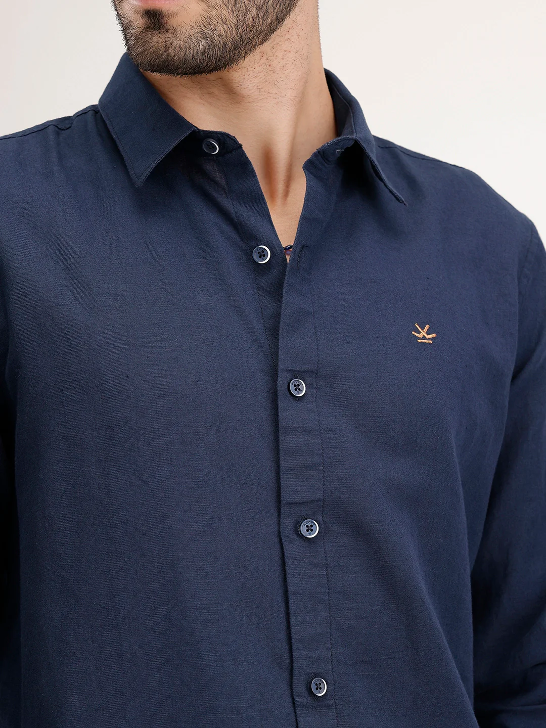 Solid Slim Fit Linen Blend Shirt  | Navy Blue - Image 5