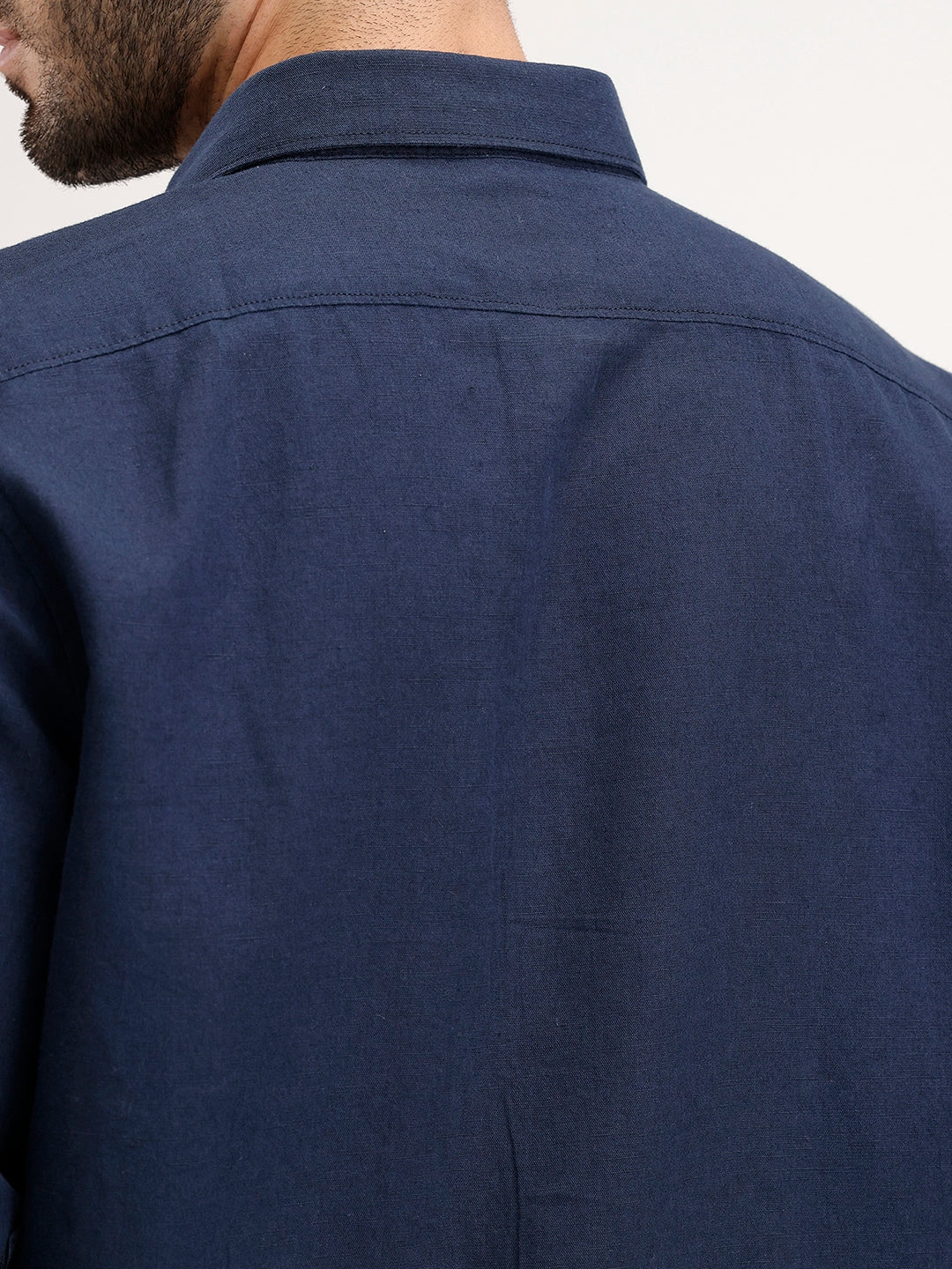 Solid Slim Fit Linen Blend Shirt  | Navy Blue - Image 6