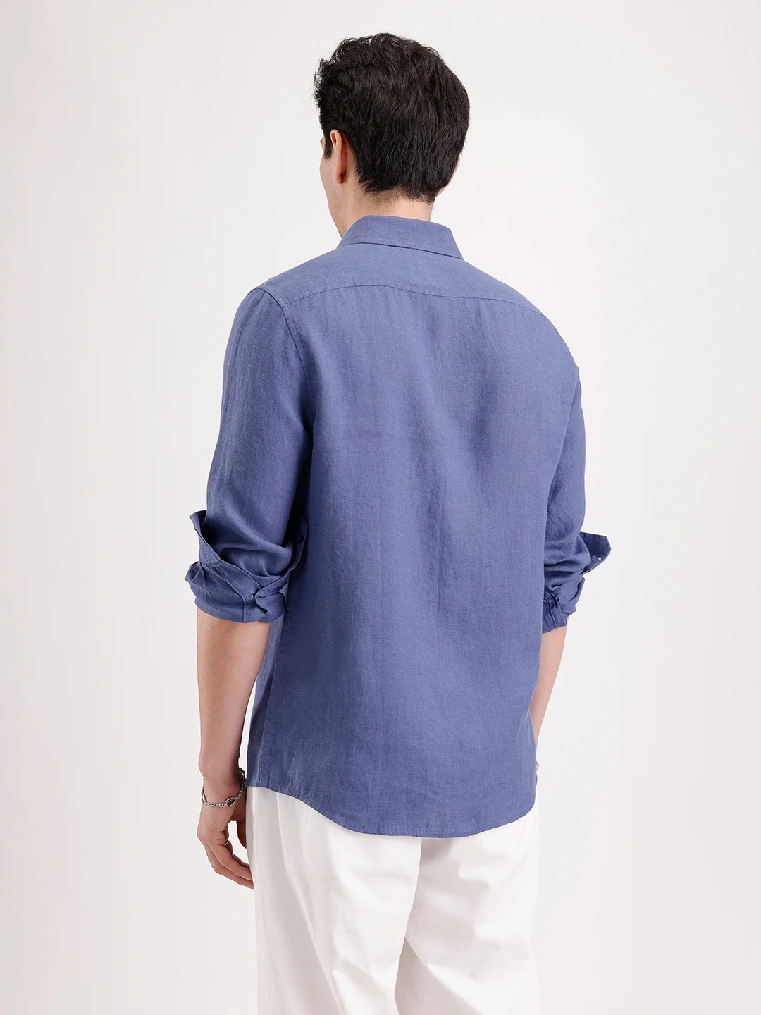 Solid Slim Fit Linen Blend Shirt  | Navy Blue - Image 3