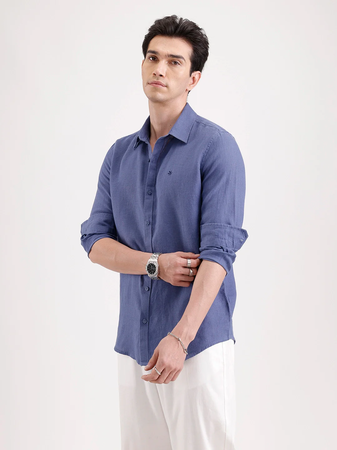 Solid Slim Fit Linen Blend Shirt  | Navy Blue - Image 4