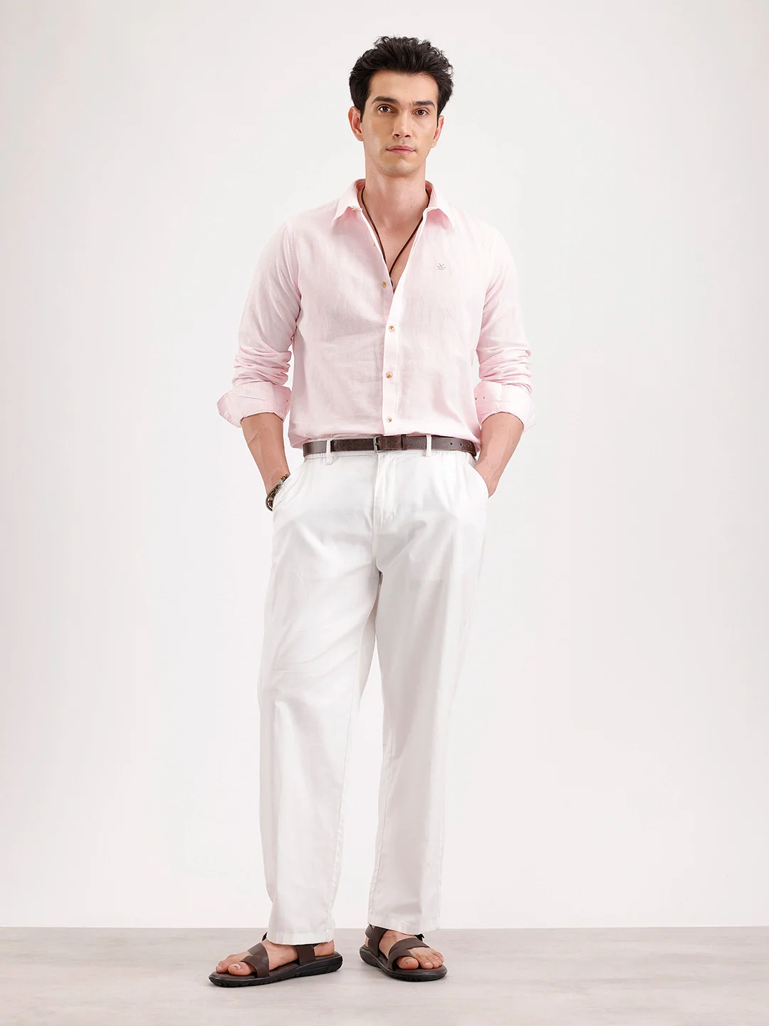 Solid Slim Fit Linen Blend Shirt  | Pink - Image 2