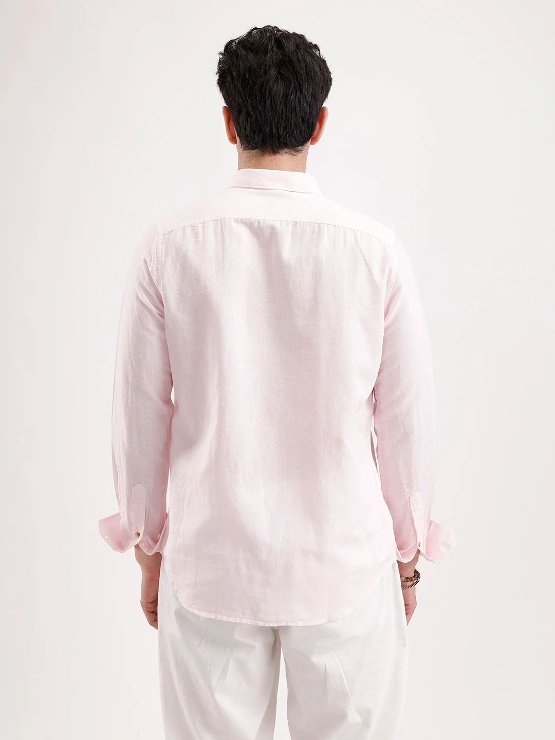 Solid Slim Fit Linen Blend Shirt  | Pink - Image 3