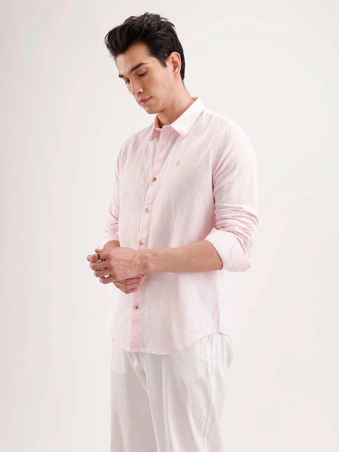 Solid Slim Fit Linen Blend Shirt  | Pink - Image 4