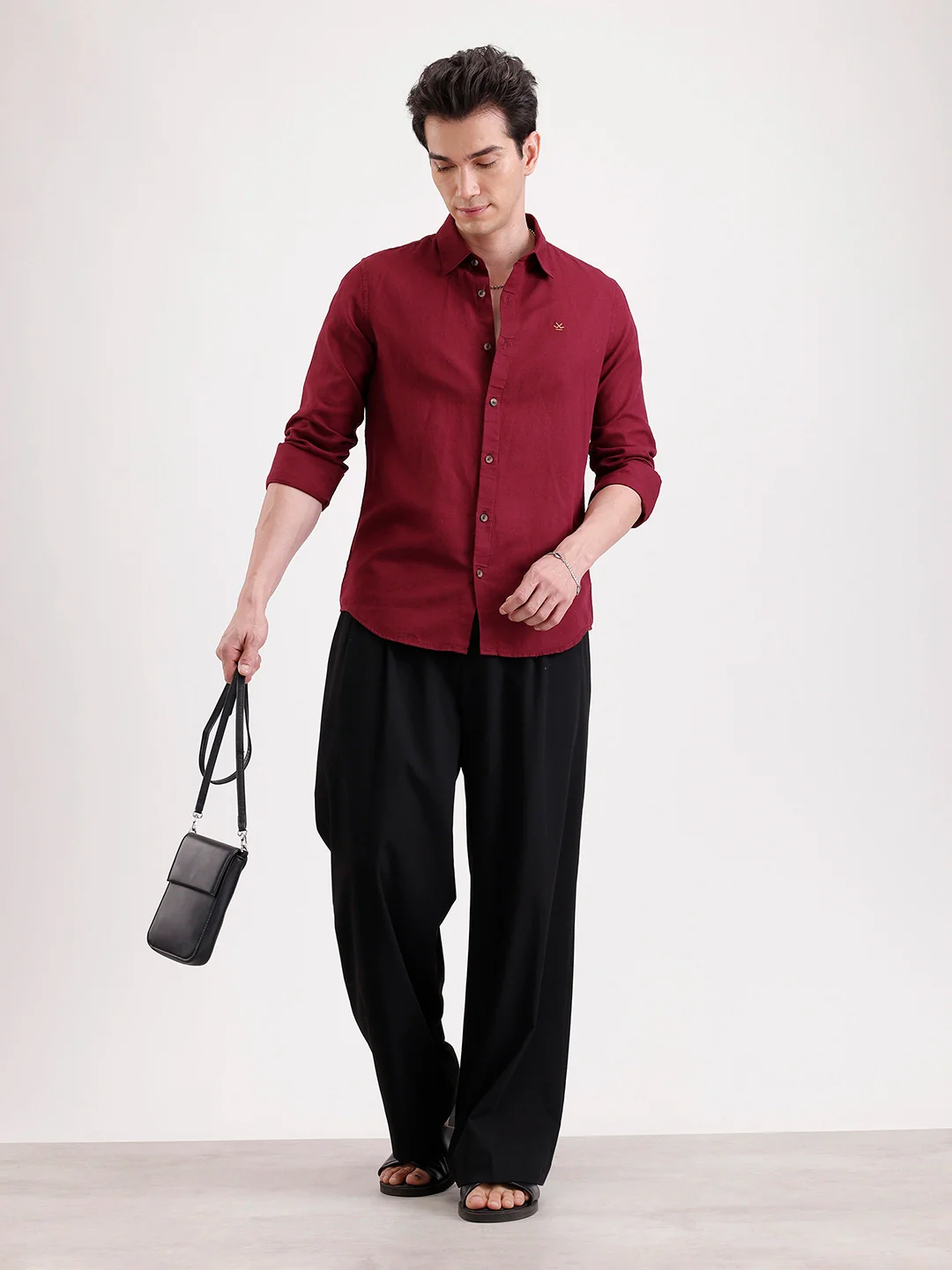 Solid Slim Fit Linen Blend Shirt  | Wine - Image 2