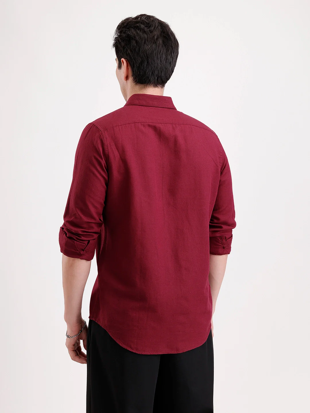 Solid Slim Fit Linen Blend Shirt  | Wine - Image 3