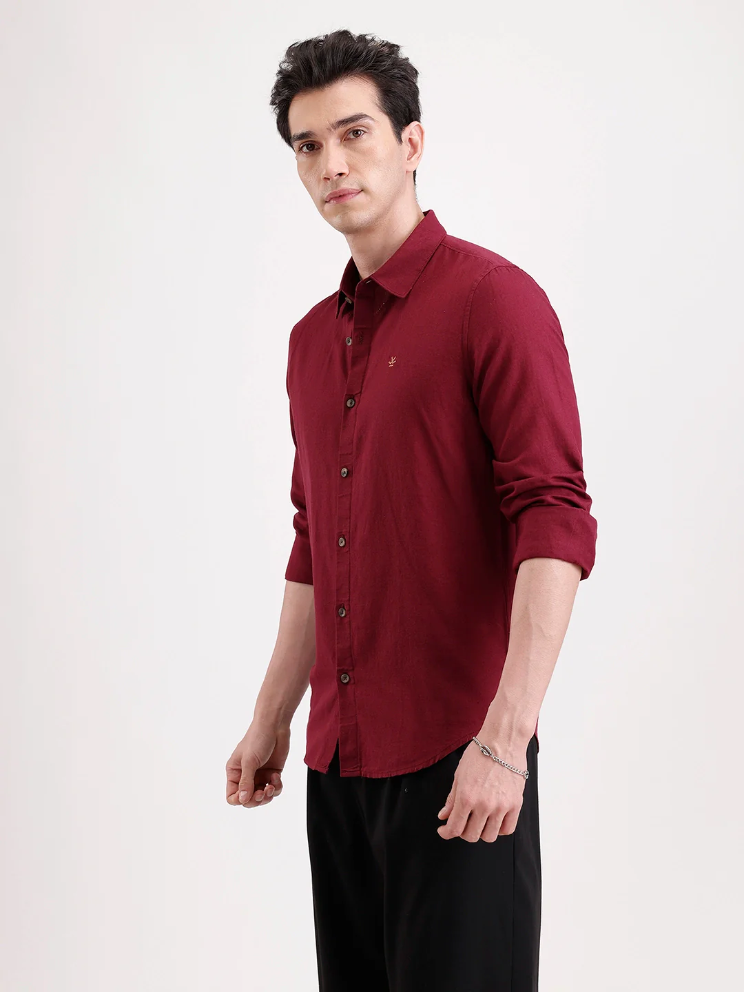 Solid Slim Fit Linen Blend Shirt  | Wine - Image 4