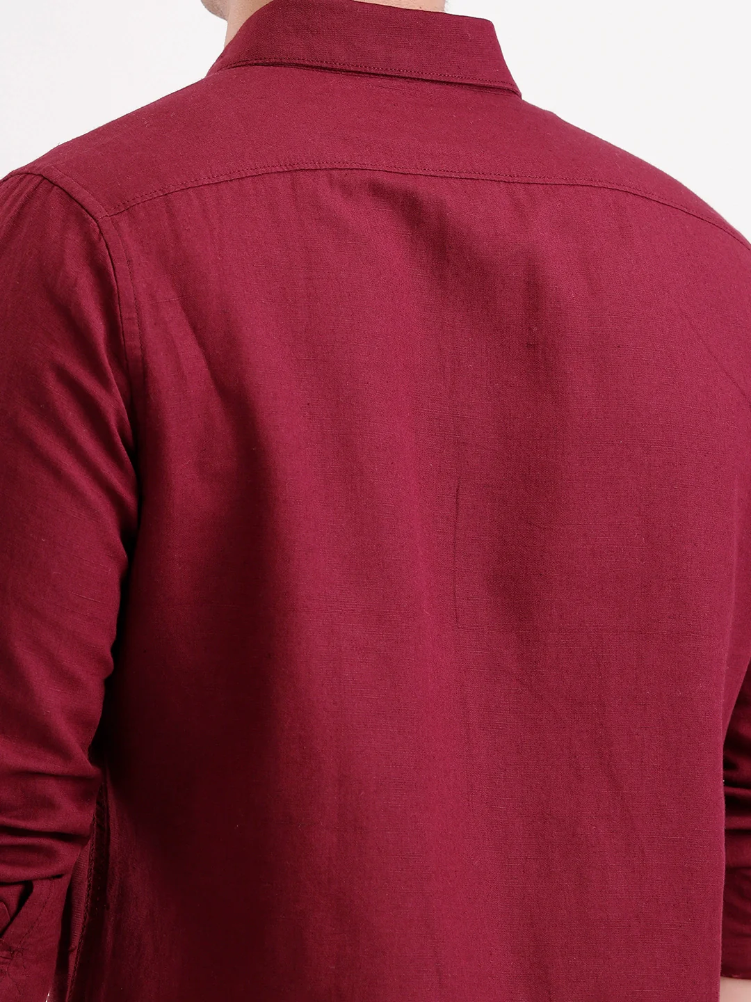 Solid Slim Fit Linen Blend Shirt  | Wine - Image 5