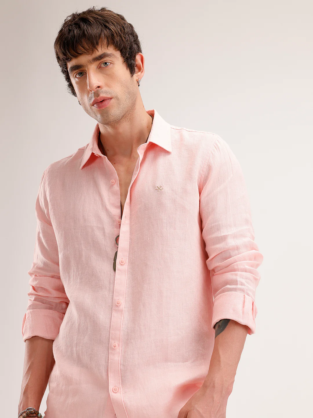 Solid Slim Fit Linen Shirt | Pink - Image 3