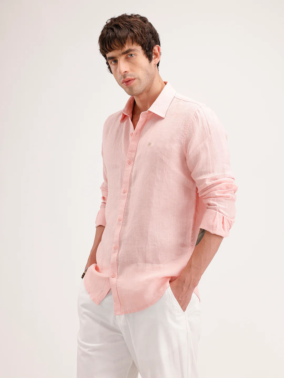 Solid Slim Fit Linen Shirt | Pink - Image 6