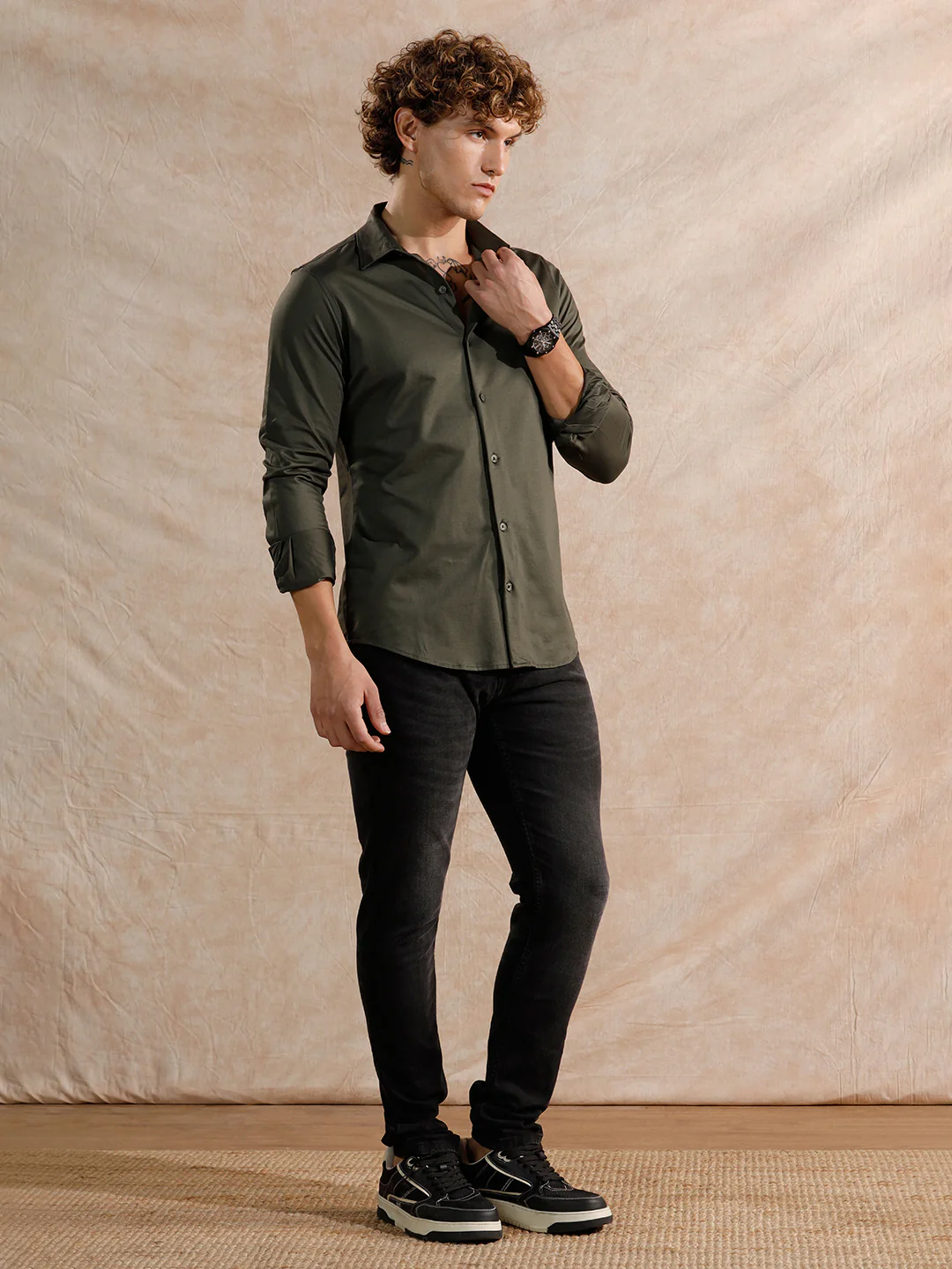 Solid Stretch Slim Fit Shirt | Olive - Image 2