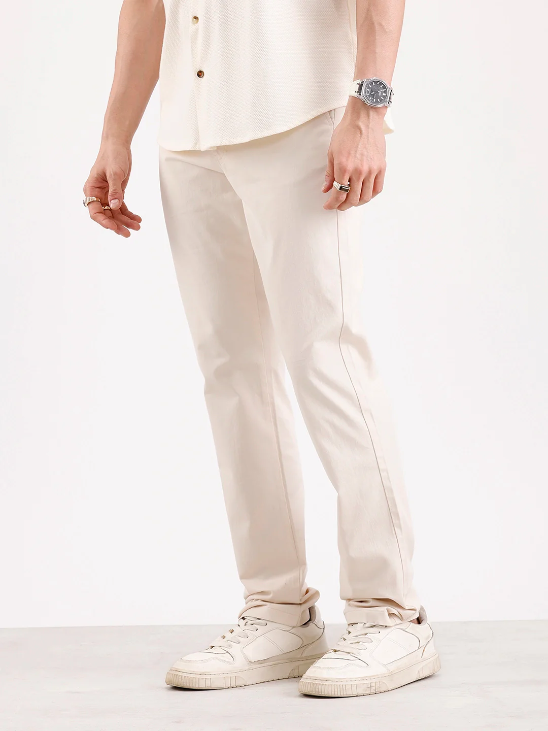 Solid Slim Fit Trouser   |  Cream - Image 4