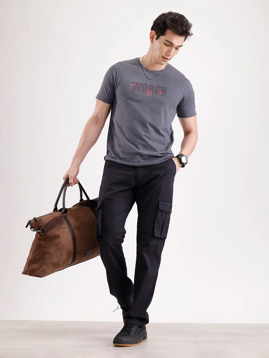 Solid Straight Fit Cargo  | Black - Image 2