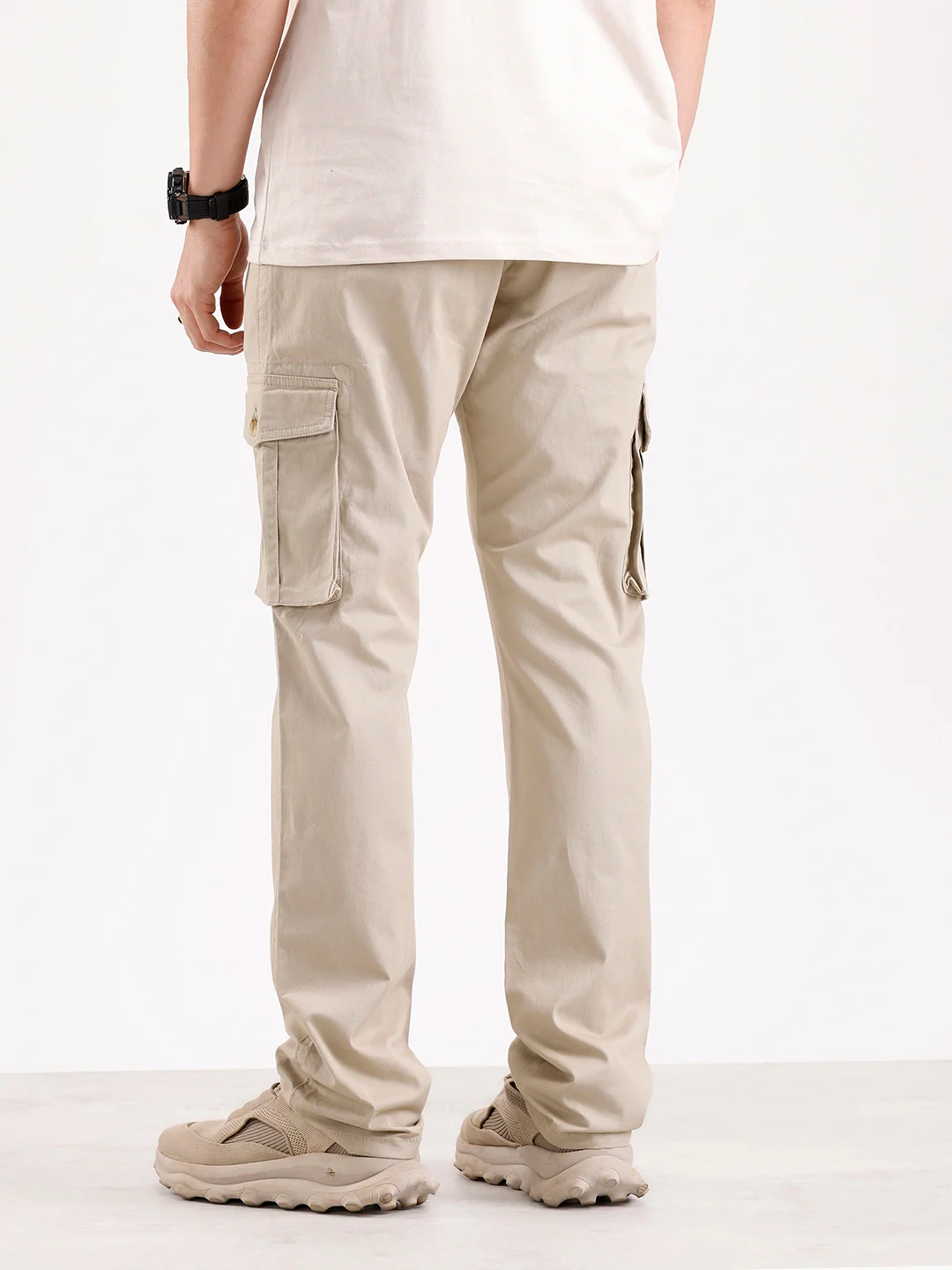 Solid Straight Fit Cargo Trouser   |  Beige - Image 3