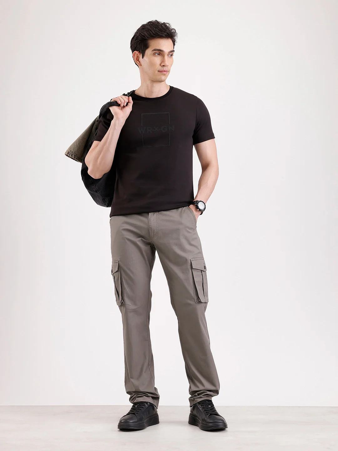 Solid Straight Fit Cargo Trouser   |  Grey - Image 2