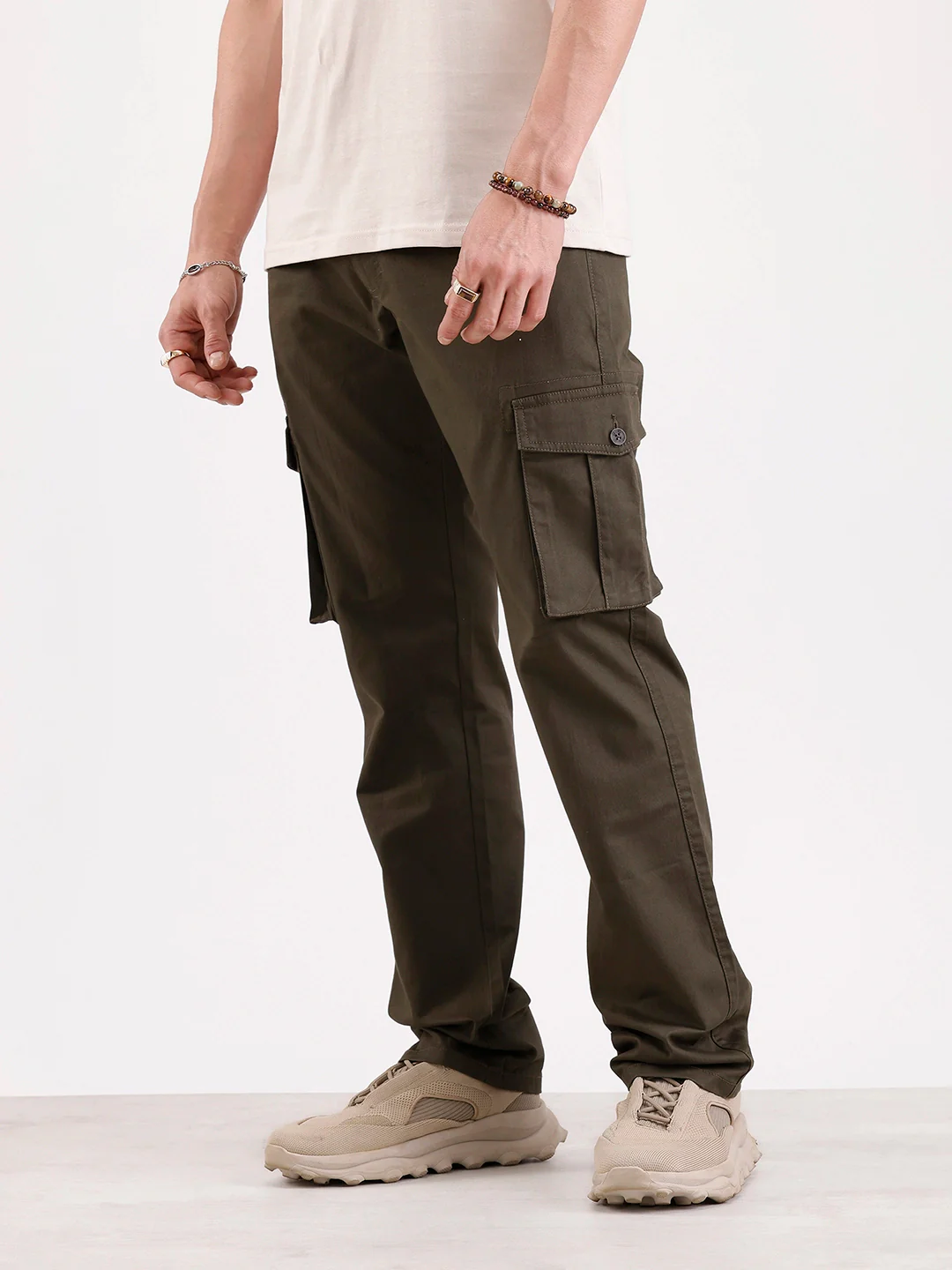 Solid Straight Fit Cargo Trouser   |  Olive - Image 4