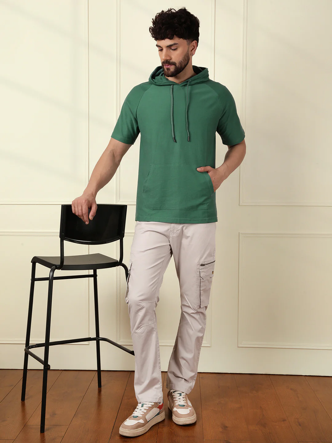 Solid Teal Half Sleeve Hooded T-Shirt - Image 2