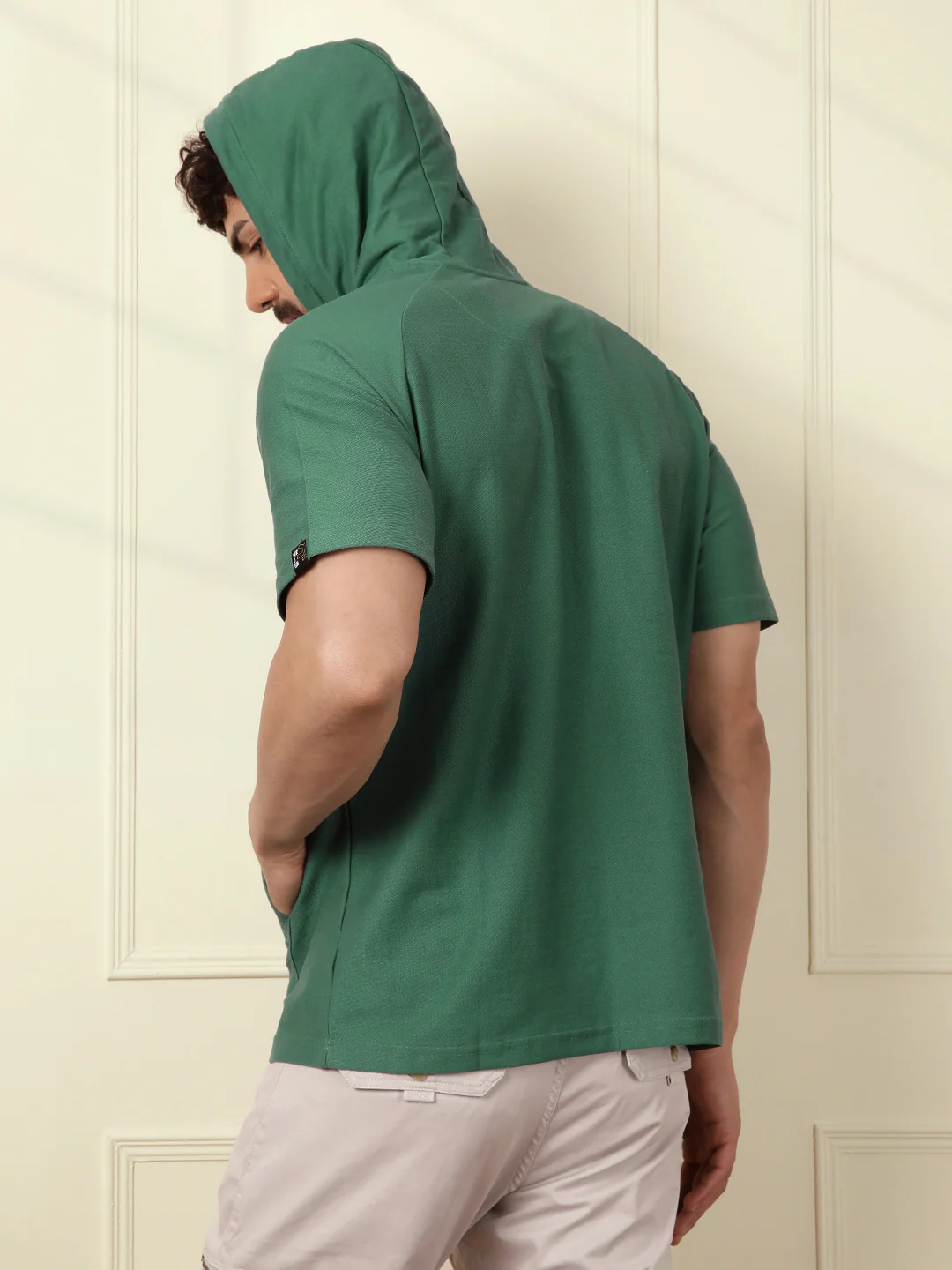 Solid Teal Half Sleeve Hooded T-Shirt - Image 3