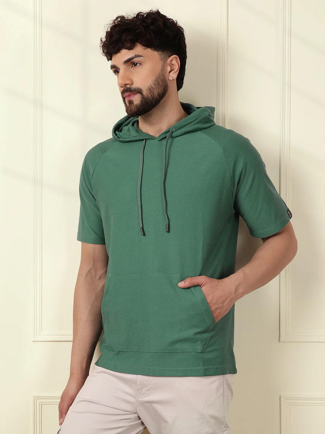 Solid Teal Half Sleeve Hooded T-Shirt - Image 4