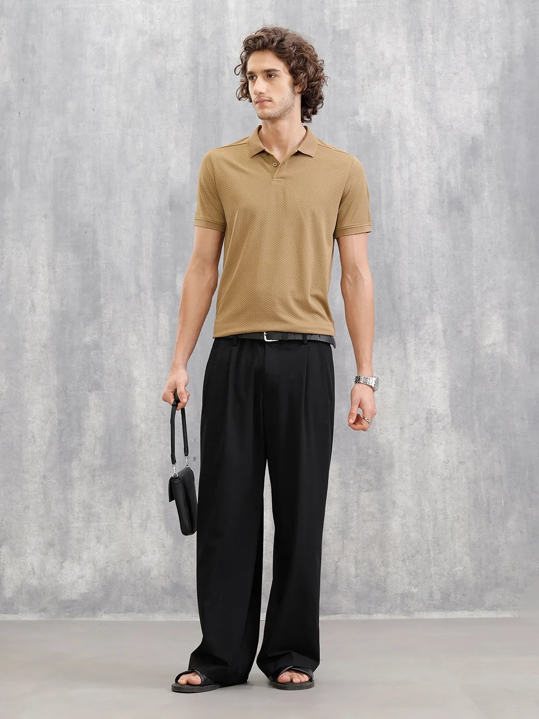 Solid Textured Slim Fit Polo T-Shirt | Brown - Image 2
