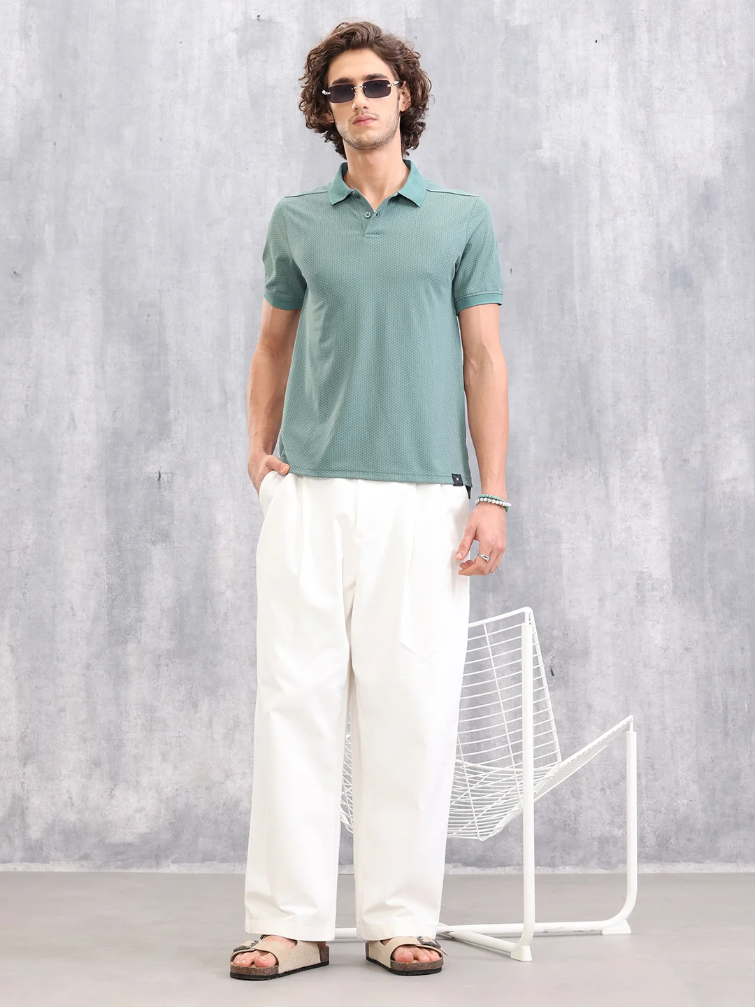 Solid Textured Slim Fit Polo T-Shirt | Green - Image 2