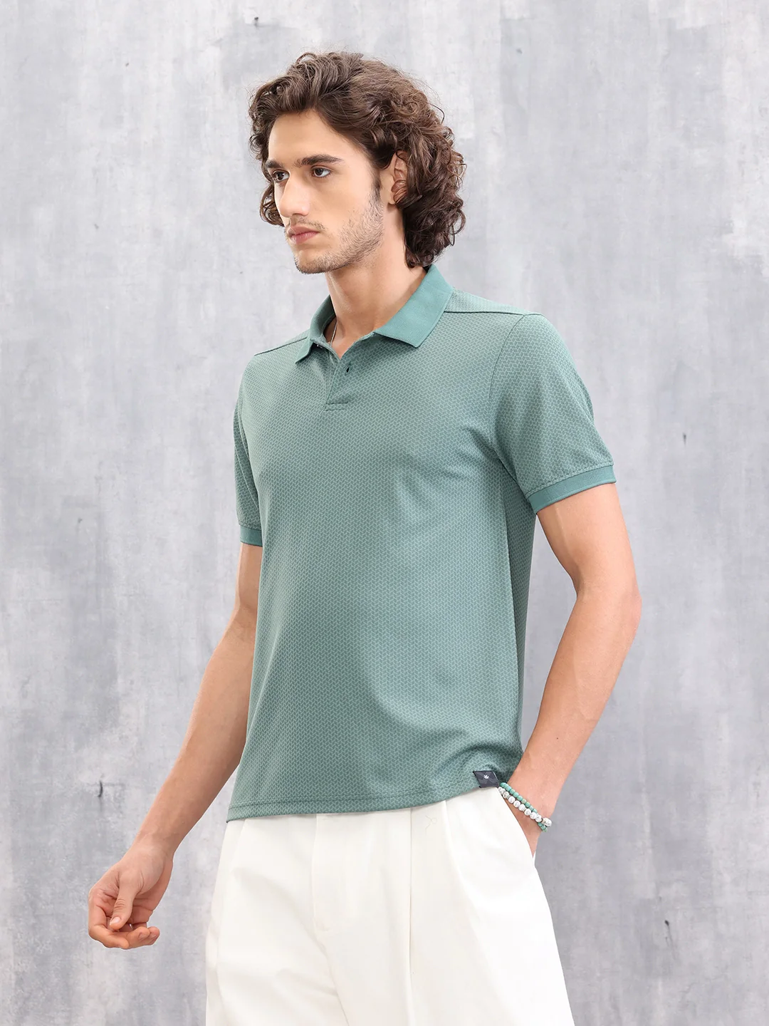Solid Textured Slim Fit Polo T-Shirt | Green - Image 4