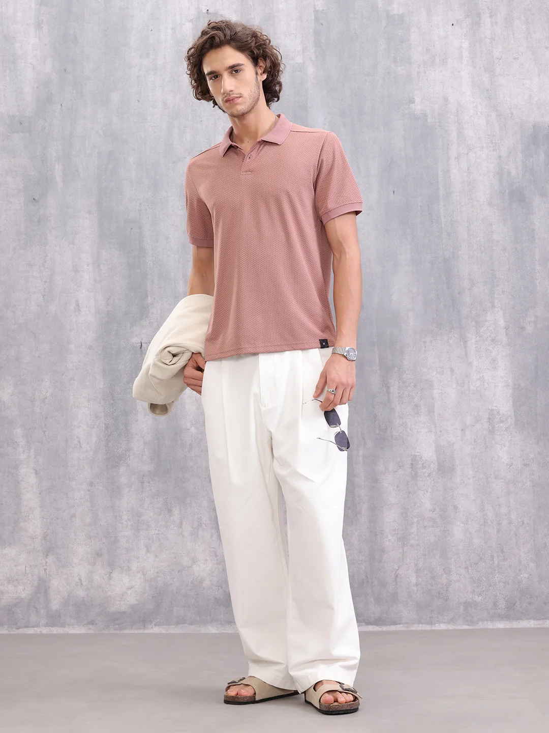 Solid Textured Slim Fit Polo T-Shirt | Pink - Image 2