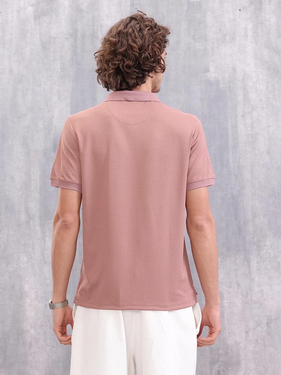 Solid Textured Slim Fit Polo T-Shirt | Pink - Image 3
