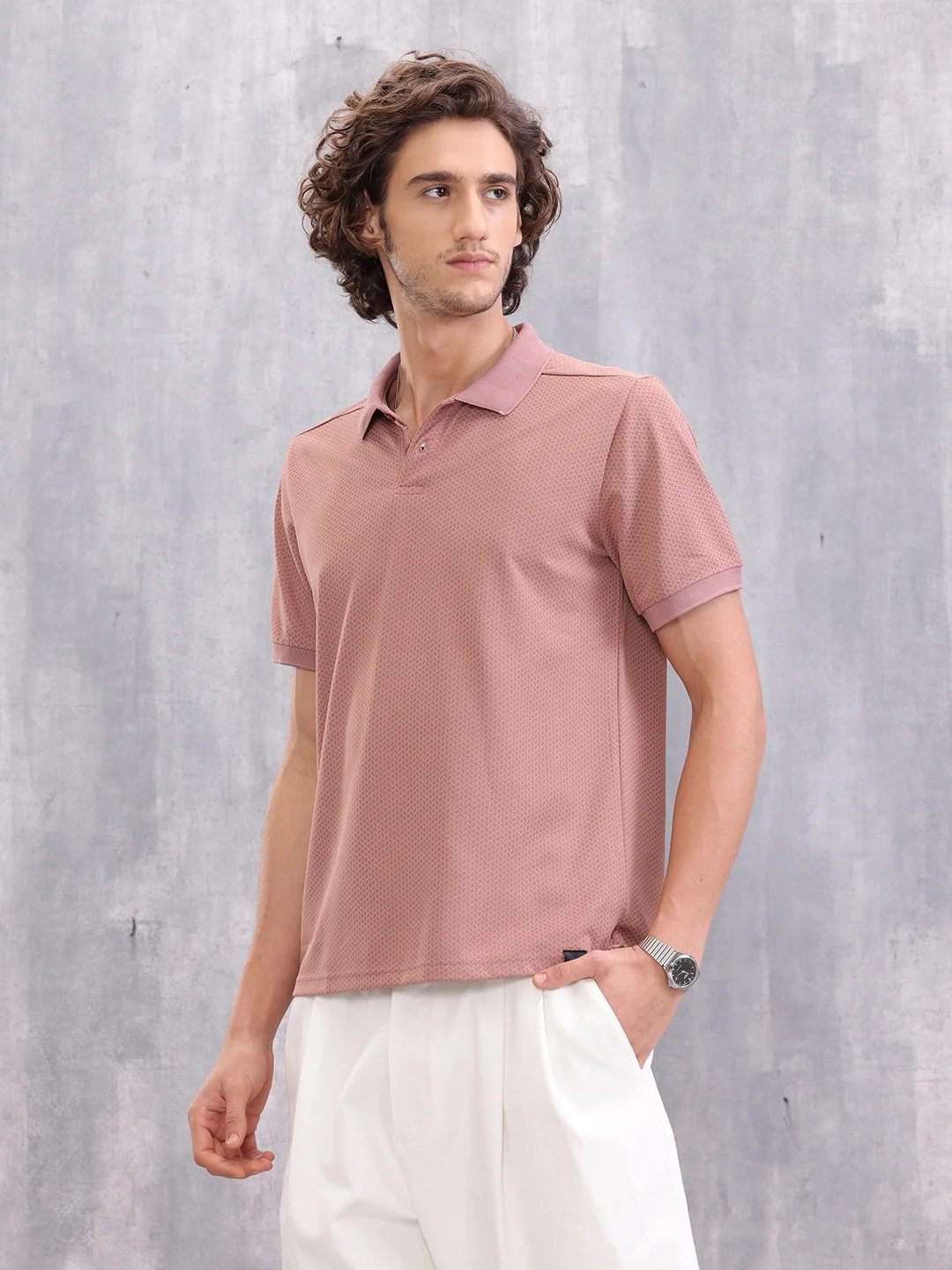 Solid Textured Slim Fit Polo T-Shirt | Pink - Image 4