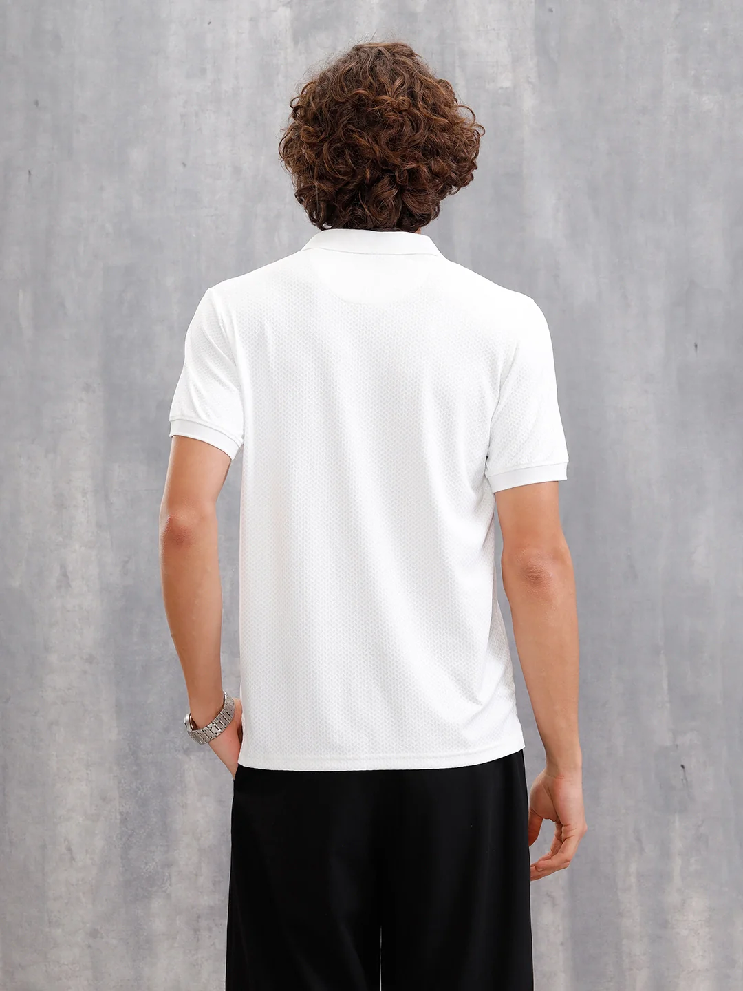 Solid Textured Slim Fit Polo T-Shirt | White - Image 3