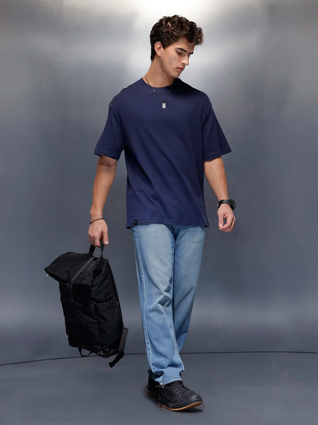Solid Textured T-Shirt   |  Navy Blue - Image 2