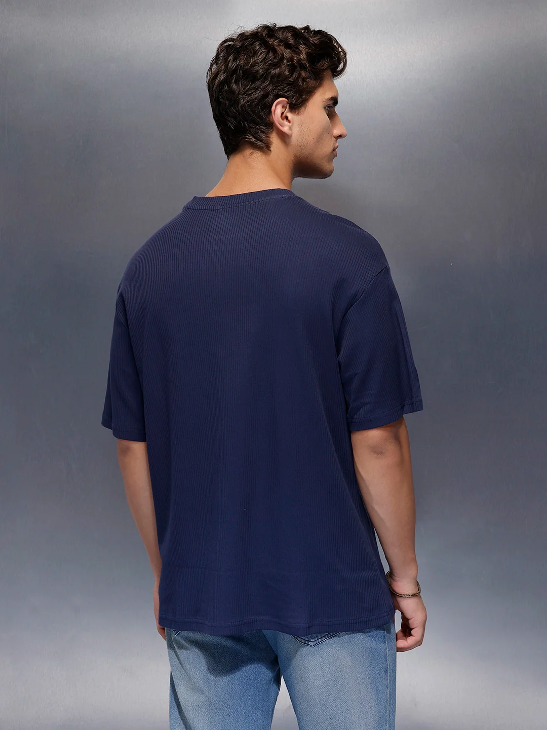 Solid Textured T-Shirt   |  Navy Blue - Image 3