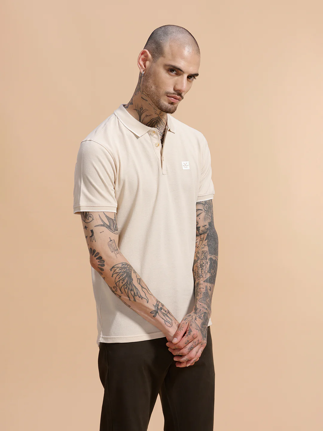 Solid Tipped Collar Polo T-Shirt | Beige - Image 4