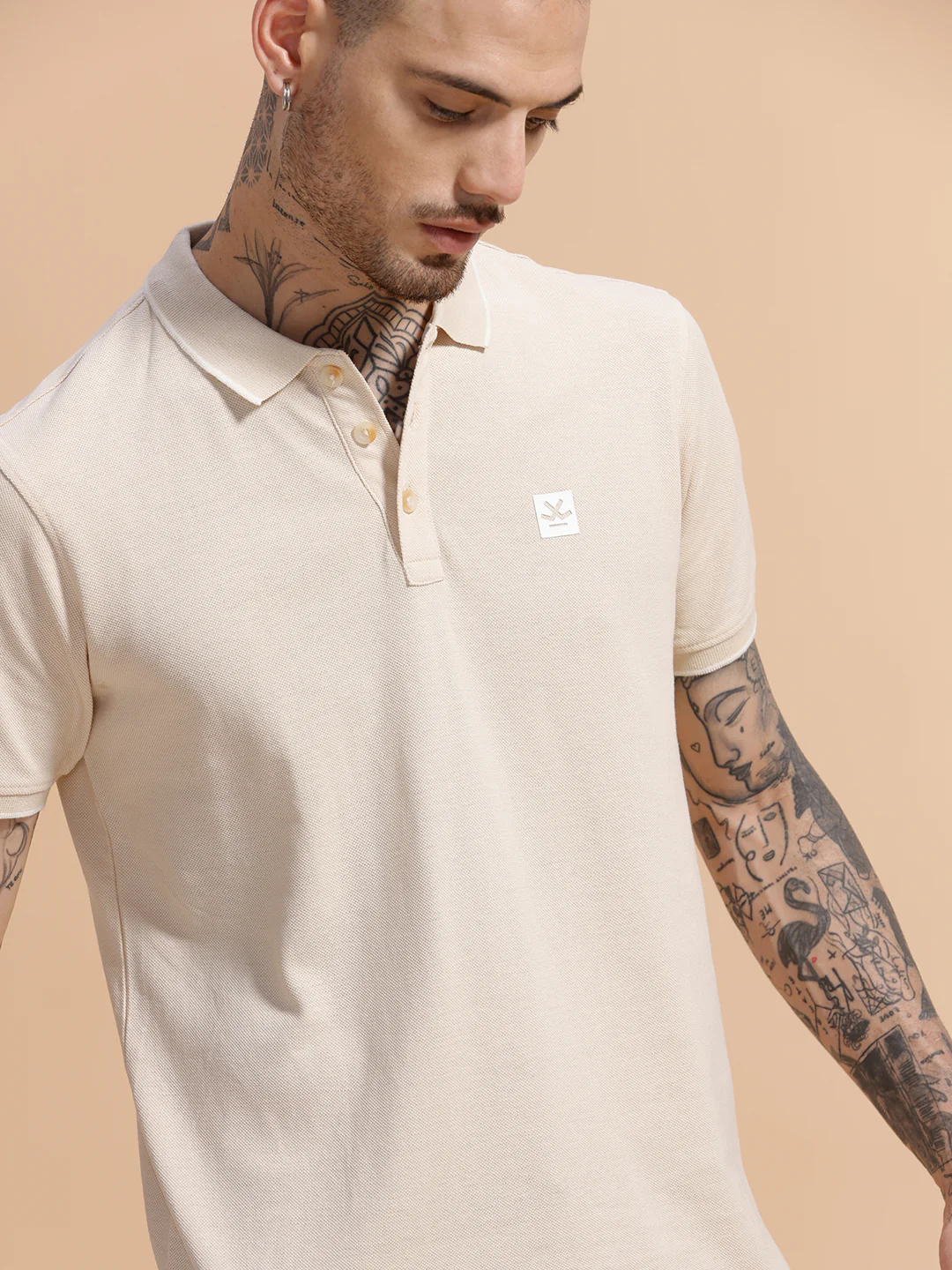 Solid Tipped Collar Polo T-Shirt | Beige - Image 5