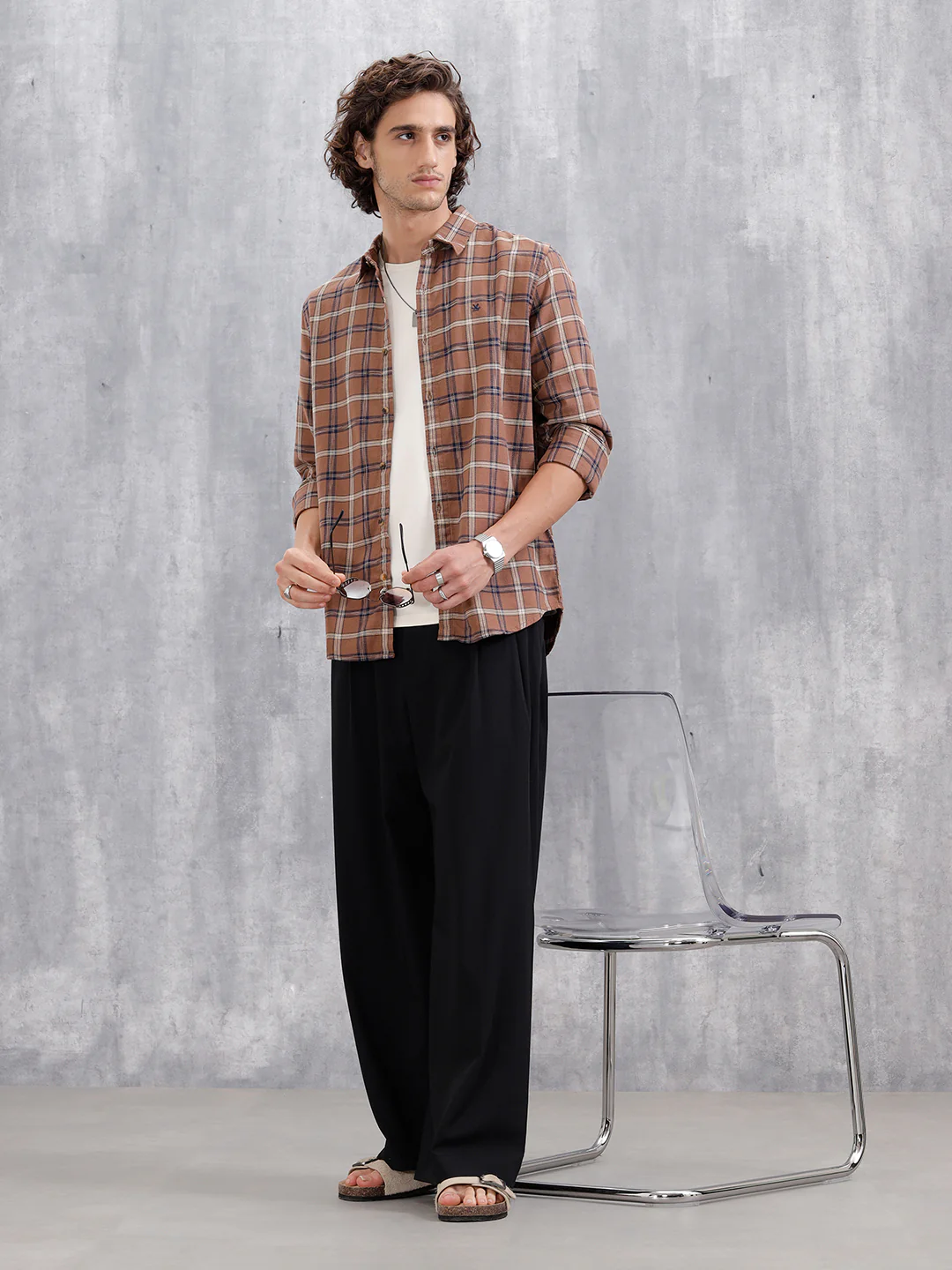 Space Dyed Dobby Check Slim Fit Shirt | Brown - Image 2