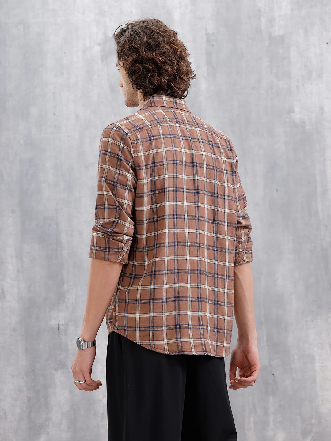 Space Dyed Dobby Check Slim Fit Shirt | Brown - Image 3