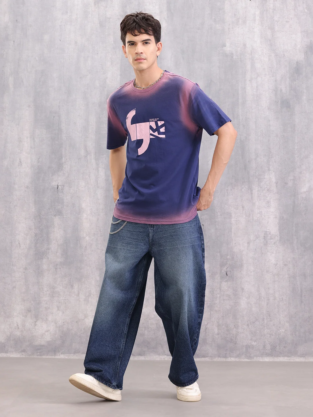 Spray Washed Effect Graphic Printed Oversized Fit T-shirt | Blue - Image 2