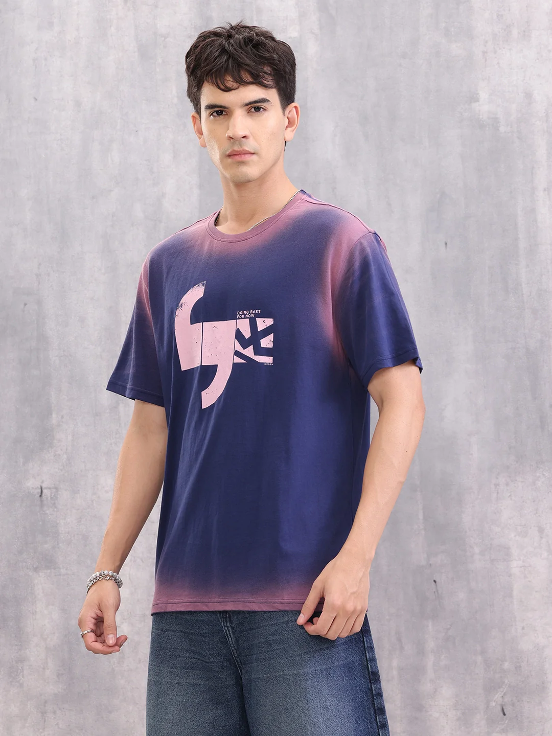 Spray Washed Effect Graphic Printed Oversized Fit T-shirt | Blue - Image 4