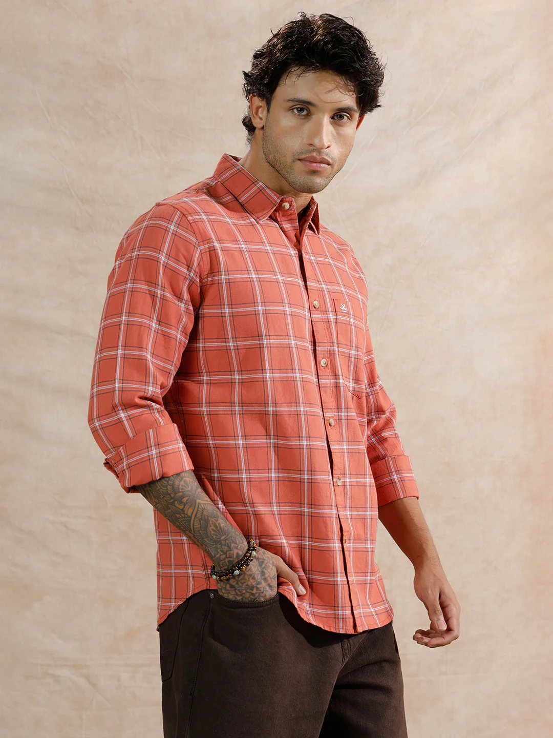 Square Checks Regular Fit Shirt | Dark Peach - Image 4